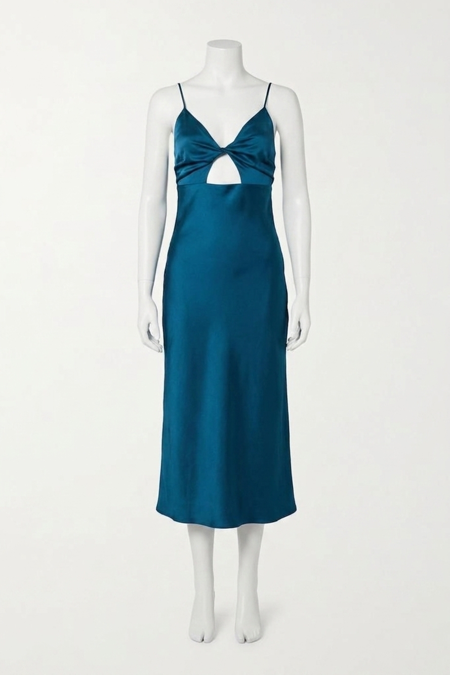 NEW ENDLESS BLU. open-back cutout satin midi dress in deep sea